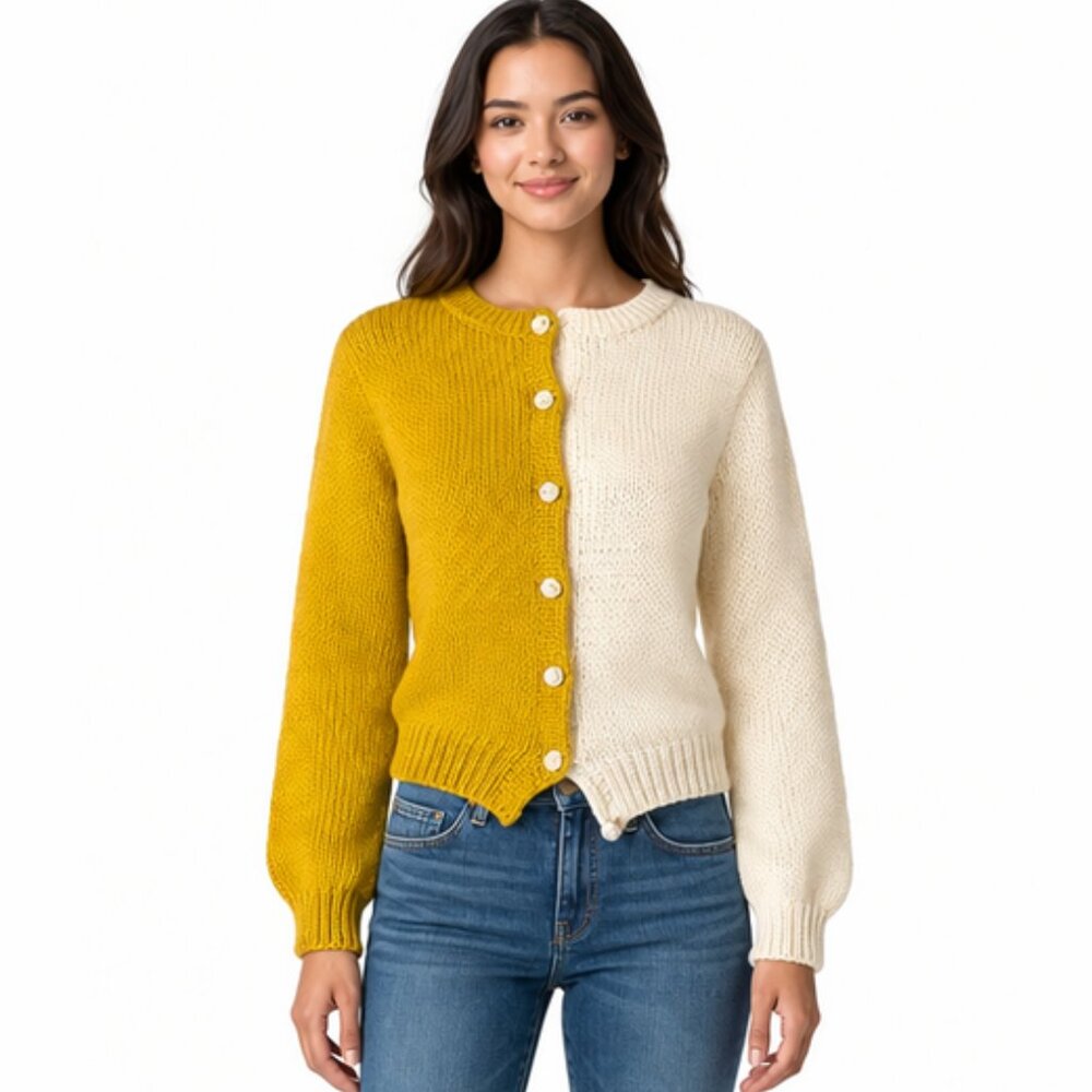 Vintage 70s Wool Cardigan Sweater Size 4 Split Color Block Halves Mustard Cream